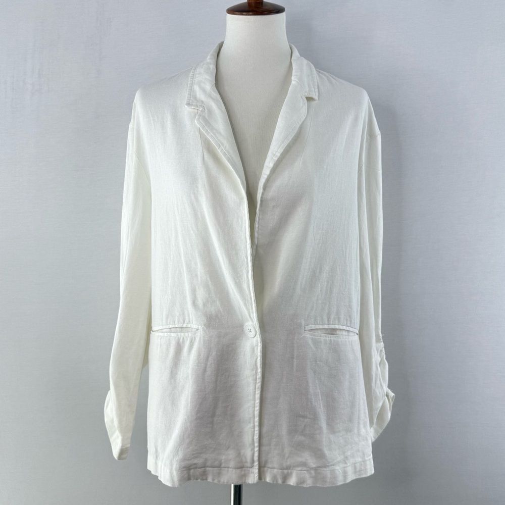 Marc New York White Linen Rouched Sleeve Blazer